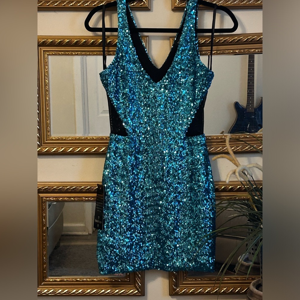 bebe | XS | Teal Sequined | Black Mesh Cutout Dress